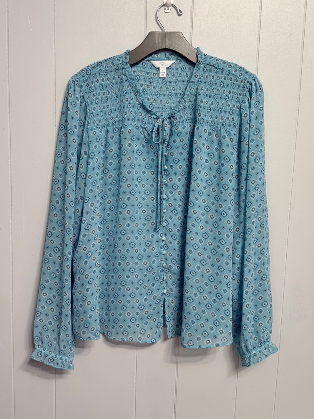 #10) Time and Tru Teal Blue Smocked Tie-Front Blouse